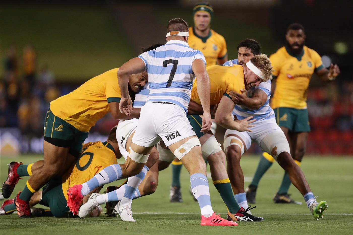 NEWCASTLE, AUSTRALIA - NOVEMBER 21: Matt Philip of the Wallabies is tackled during the 2020 Tri-Nations match between the Australian Wallabies and the Argentina Pumas at McDonald Jones Stadium on November 21, 2020 in Newcastle, Australia. (Photo by Mark Metcalfe/Getty Images)
