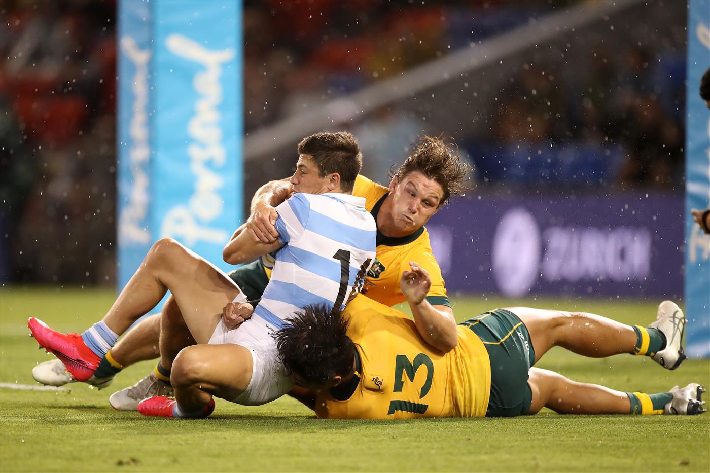 NEWCASTLE, AUSTRALIA - NOVEMBER 21: Bautista Delguy of the Pumas is tackled during the 2020 Tri-Nations match between the Australian Wallabies and the Argentina Pumas at McDonald Jones Stadium on November 21, 2020 in Newcastle, Australia. (Photo by Mark Kolbe/Getty Images)