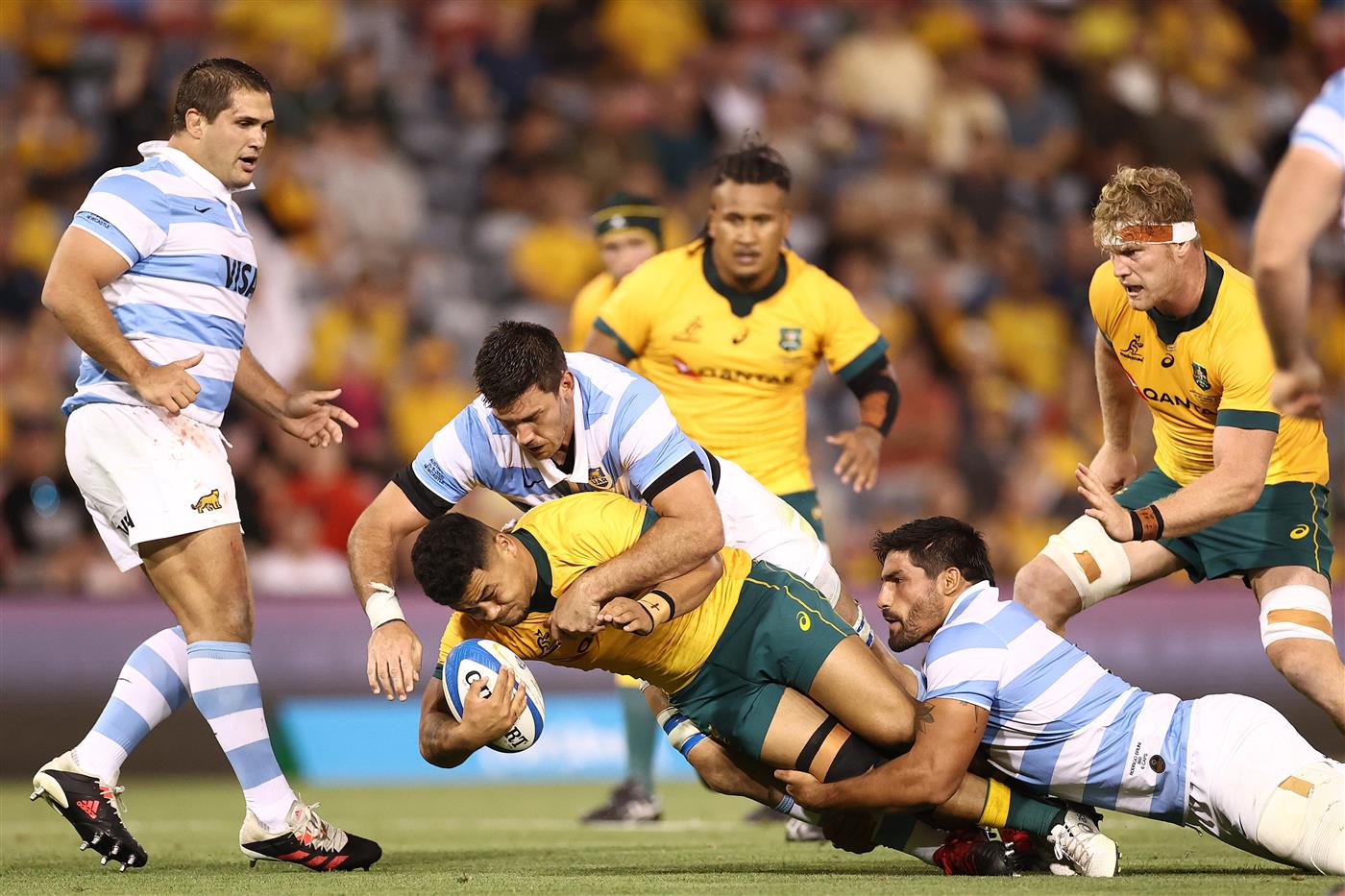 NEWCASTLE, AUSTRALIA - NOVEMBER 21: Hunter Paisami of Australia is tackled during the 2020 Tri-Nations match between the Australian Wallabies and the Argentina Pumas at McDonald Jones Stadium on November 21, 2020 in Newcastle, Australia. (Photo by Cameron Spencer/Getty Images)