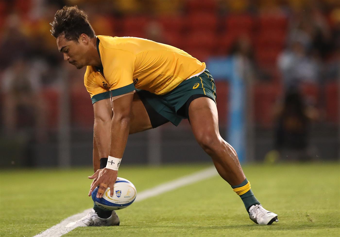 NEWCASTLE, AUSTRALIA - NOVEMBER 21: Jordan Petaia of the Wallabies in action during the 2020 Tri-Nations match between the Australian Wallabies and the Argentina Pumas at McDonald Jones Stadium on November 21, 2020 in Newcastle, Australia. (Photo by Mark Kolbe/Getty Images)