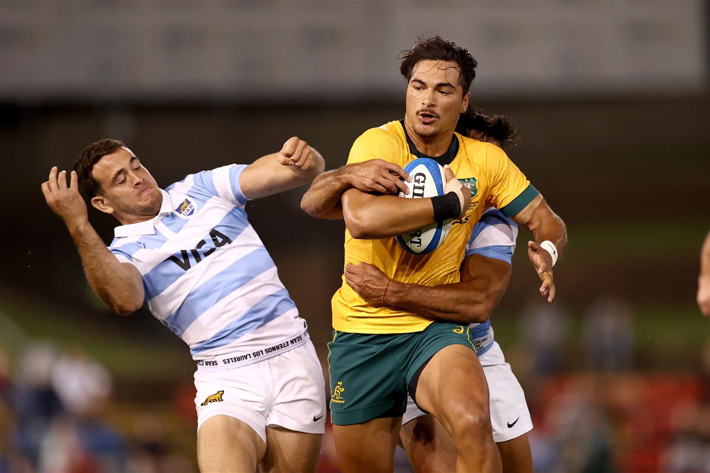 NEWCASTLE, AUSTRALIA - NOVEMBER 21: Jordan Petaia of Australia makes a break during the 2020 Tri-Nations match between the Australian Wallabies and the Argentina Pumas at McDonald Jones Stadium on November 21, 2020 in Newcastle, Australia. (Photo by Cameron Spencer/Getty Images)