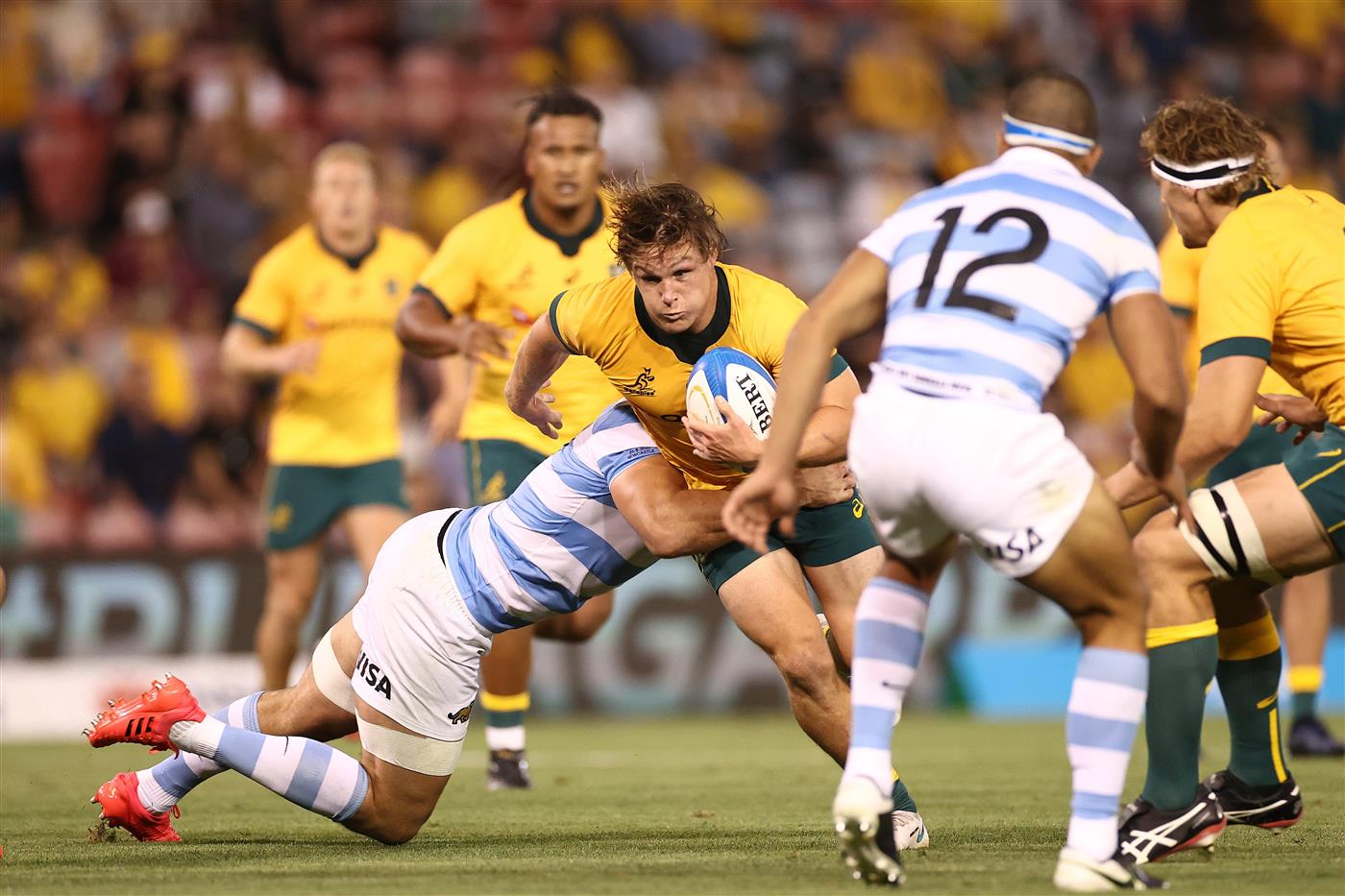 NEWCASTLE, AUSTRALIA - NOVEMBER 21: Michael Hooper of Australia is tackled during the 2020 Tri-Nations match between the Australian Wallabies and the Argentina Pumas at McDonald Jones Stadium on November 21, 2020 in Newcastle, Australia. (Photo by Cameron Spencer/Getty Images)