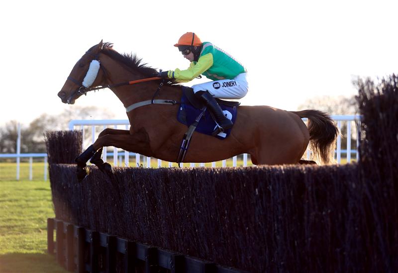 WETHERBY, UNITED KINGDOM - NOVEMBER 25: Joke Dancer ridden by jockey Ryan Mania clear a fence on the way to winning the Watch The Jumps In HD On RacingTV Handicap Chase at Wetherby Racecourse on November 25, 2020 in Wetherby, England. (Photo by Mike Egerton - Pool/Getty Images)