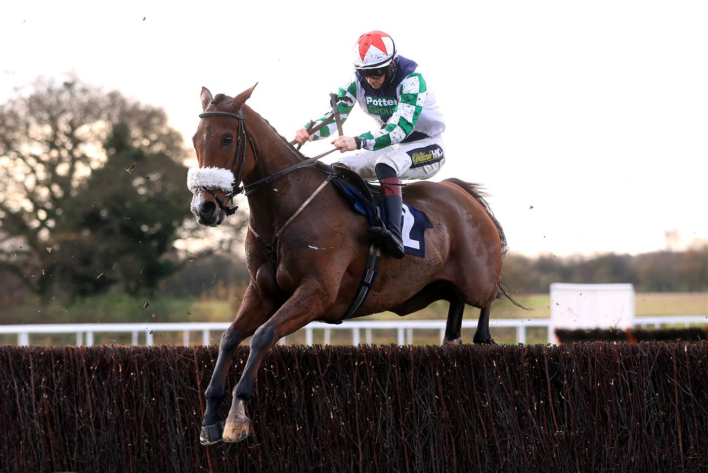 WETHERBY, UNITED KINGDOM - NOVEMBER 25: Exelerator Express ridden by jockey Sam Twiston-Davies clear a fence on the way to finishing second in the Watch Racing TV Anywhere Novices' Handicap Chase (GBB Race) at Wetherby Racecourse on November 25, 2020 in Wetherby, England. (Photo by Mike Egerton - Pool/Getty Images)