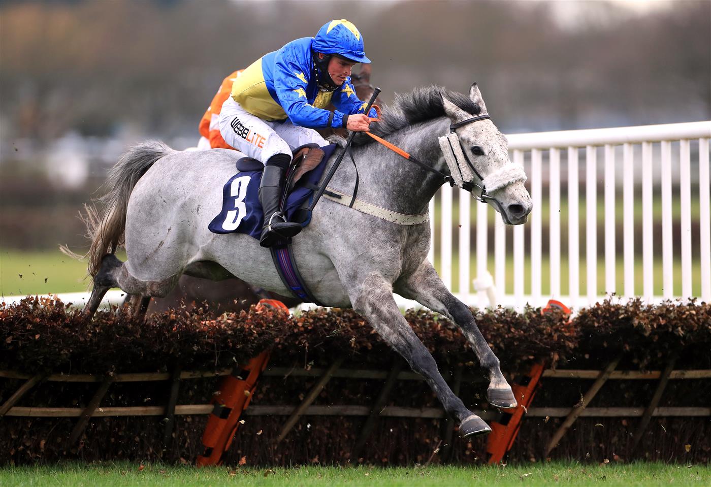 WETHERBY, UNITED KINGDOM - NOVEMBER 25: Giovanni Change and jockey Alexander Thorne clear a fence during the Visit injuredjockeys.co.uk For Christmas Cards Conditional Jockeys' Handicap Hurdle at Wetherby Racecourse on November 25, 2020 in Wetherby, England. (Photo by Mike Egerton - Pool/Getty Images)