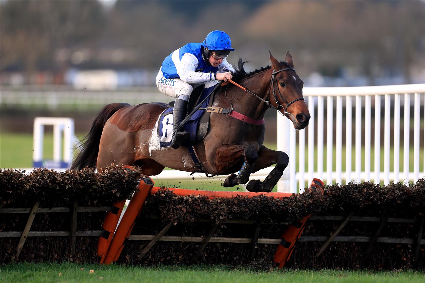 WETHERBY, UNITED KINGDOM - NOVEMBER 25: Gemirande ridden by jockey Charlie Deutsch clear a fence on the way to winning the Follow @racingtv On Twitter Novices' Hurdle (GBB Race) at Wetherby Racecourse on November 25, 2020 in Wetherby, England. (Photo by Mike Egerton - Pool/Getty Images)