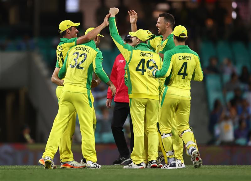 SYDNEY, AUSTRALIA - NOVEMBER 29: Josh Hazlewood of Australia and Moises Henriques of Australia celebrates after combining to take the wicket of Virat Kohli of India during game two of the One Day International series between Australia and India at Sydney Cricket Ground on November 29, 2020 in Sydney, Australia. (Photo by Ryan Pierse/Getty Images)