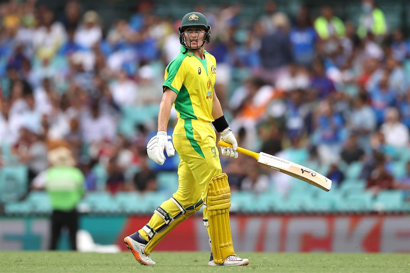 SYDNEY, AUSTRALIA - NOVEMBER 29: Marnus Labuschagne of Australia walks off the field after being dismissed for 70 runs during game two of the One Day International series between Australia and India at Sydney Cricket Ground on November 29, 2020 in Sydney, Australia. (Photo by Cameron Spencer/Getty Images)