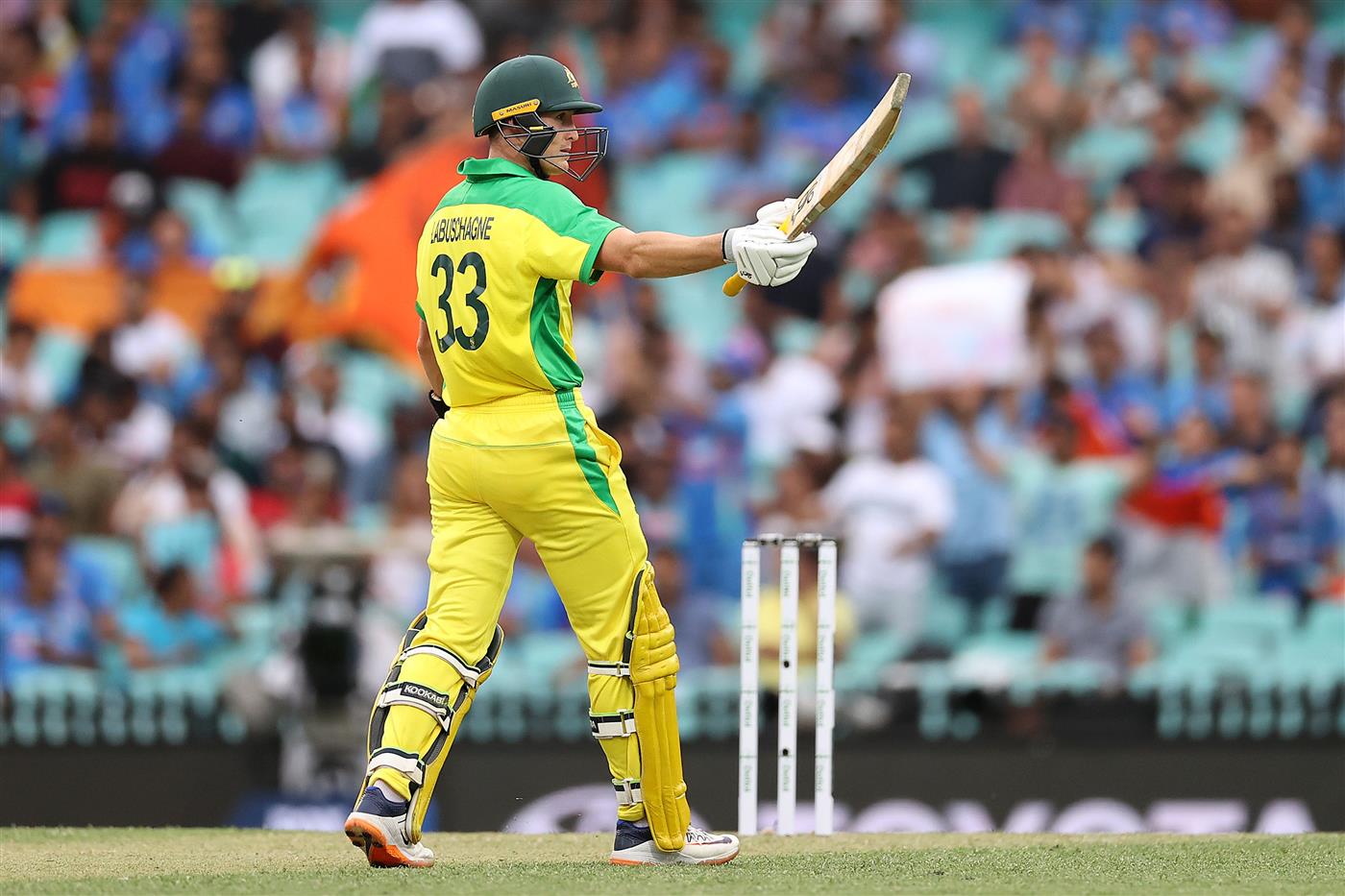 SYDNEY, AUSTRALIA - NOVEMBER 29: Marnus Labuschagne of Australia celebrates reaching 50 runs during game two of the One Day International series between Australia and India at Sydney Cricket Ground on November 29, 2020 in Sydney, Australia. (Photo by Cameron Spencer/Getty Images)