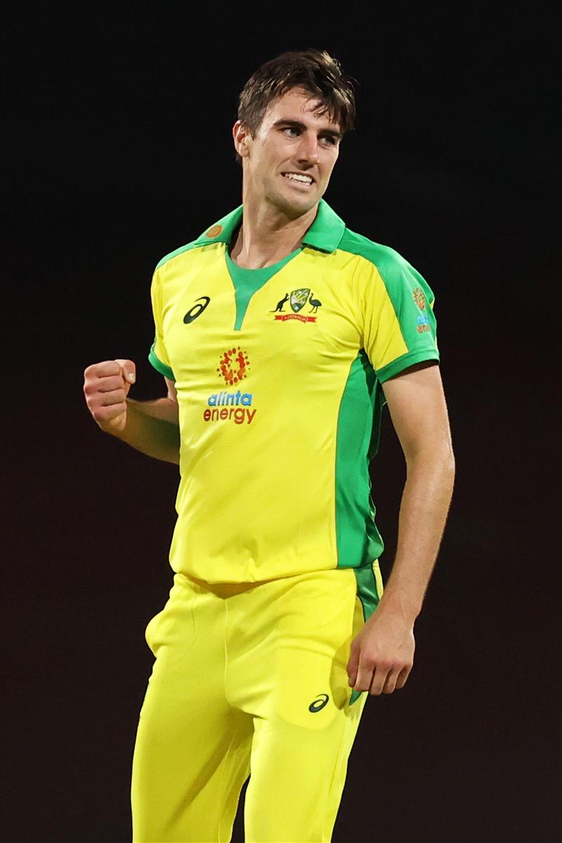 SYDNEY, AUSTRALIA - NOVEMBER 29: Pat Cummins of Australia celebrates dismissing Hardik Pandya of India during game two of the One Day International series between Australia and India at Sydney Cricket Ground on November 29, 2020 in Sydney, Australia. (Photo by Cameron Spencer/Getty Images)