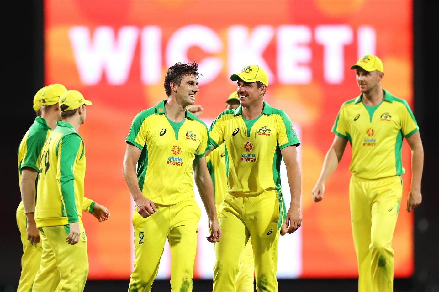 SYDNEY, AUSTRALIA - NOVEMBER 29: Pat Cummins of Australia celebrates dismissing Hardik Pandya of India during game two of the One Day International series between Australia and India at Sydney Cricket Ground on November 29, 2020 in Sydney, Australia. (Photo by Cameron Spencer/Getty Images)