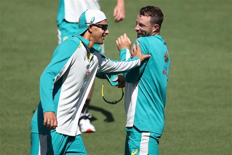 CANBERRA, AUSTRALIA - DECEMBER 01: Ashton Agar and Matthew Wade of Australia train during an Australian ODI nets session at Manuka Oval on December 01, 2020 in Canberra, Australia. (Photo by Ryan Pierse/Getty Images)