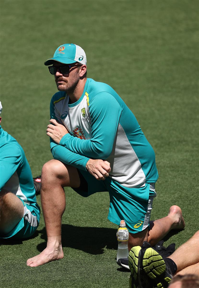 CANBERRA, AUSTRALIA - DECEMBER 01: Aaron Finch of Australia looks on during an Australian ODI nets session at Manuka Oval on December 01, 2020 in Canberra, Australia. (Photo by Ryan Pierse/Getty Images)