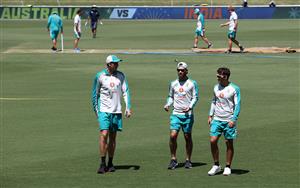 CANBERRA, AUSTRALIA - DECEMBER 01: Cameron Green,  Glenn Maxwell and Alex Carey of Australia look on during an Australian ODI nets session at Manuka Oval on December 01, 2020 in Canberra, Australia. (Photo by Ryan Pierse/Getty Images)