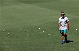 CANBERRA, AUSTRALIA - DECEMBER 01: Justin Langer, coach of Australia,  looks on during an Australian ODI nets session at Manuka Oval on December 01, 2020 in Canberra, Australia. (Photo by Ryan Pierse/Getty Images)