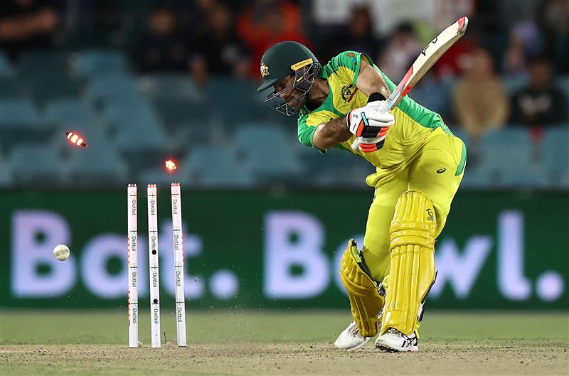 CANBERRA, AUSTRALIA - DECEMBER 02: Glenn Maxwell of Australia is bowled by Jasprit Bumrah of Indiaduring game three of the One Day International series between Australia and India at Manuka Oval on December 02, 2020 in Canberra, Australia. (Photo by Ryan Pierse/Getty Images)