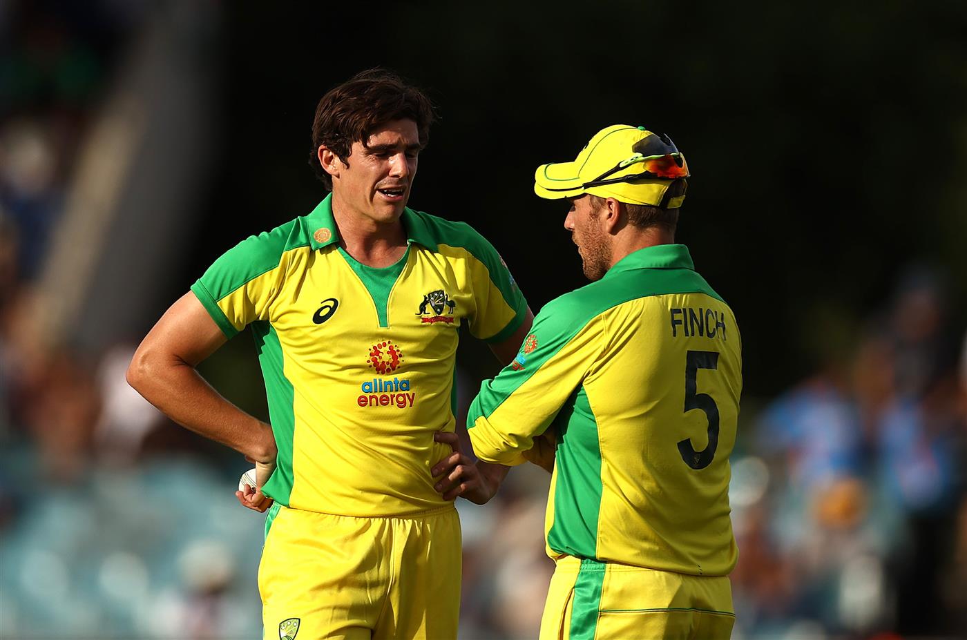 CANBERRA, AUSTRALIA - DECEMBER 02: Sean Abbott of Australia speaks to Aaron Finch of Australia during game three of the One Day International series between Australia and India at Manuka Oval on December 02, 2020 in Canberra, Australia. (Photo by Ryan Pierse/Getty Images)