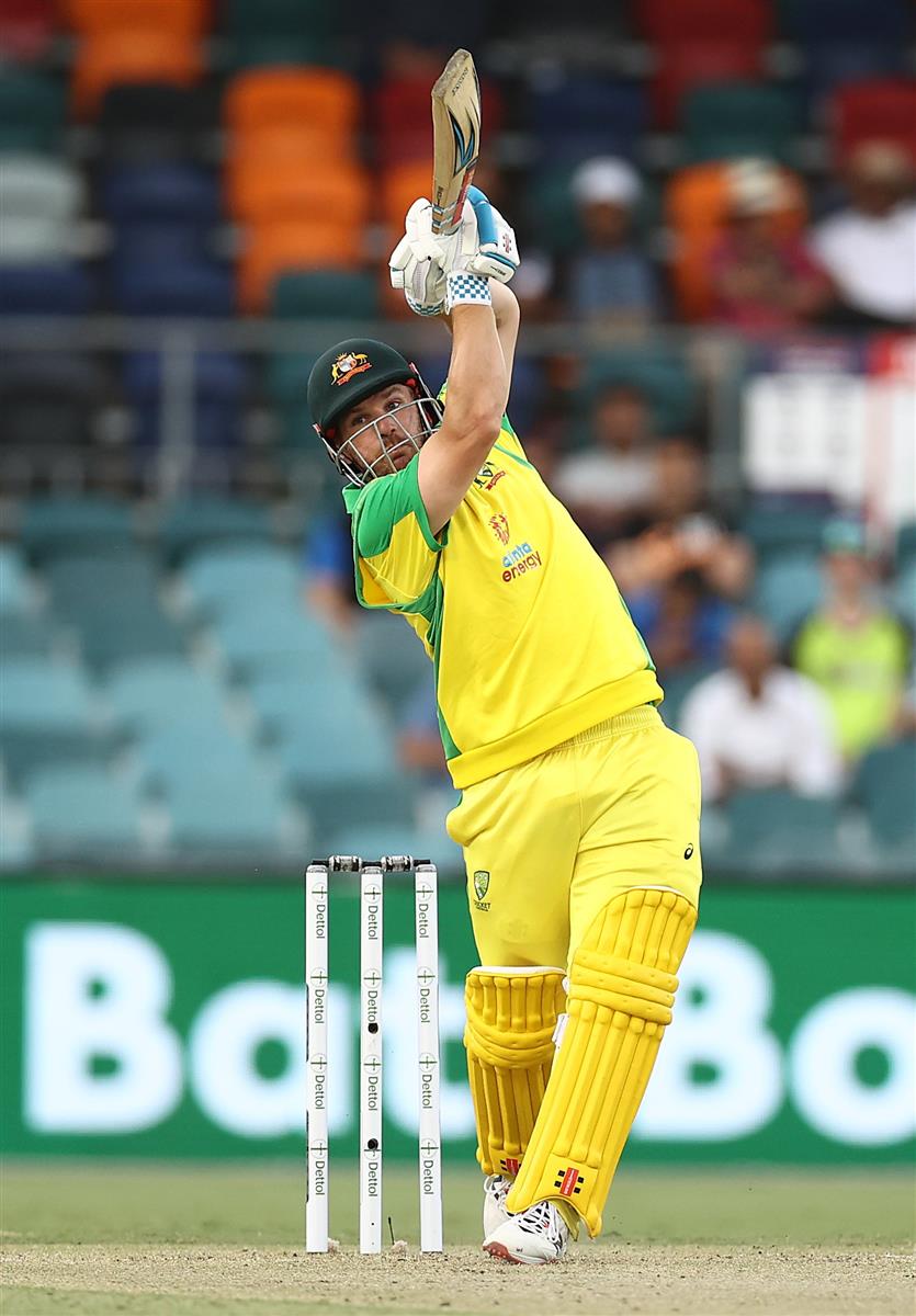 CANBERRA, AUSTRALIA - DECEMBER 02: Aaron Finch of Australia bats during game three of the One Day International series between Australia and India at Manuka Oval on December 02, 2020 in Canberra, Australia. (Photo by Ryan Pierse/Getty Images)