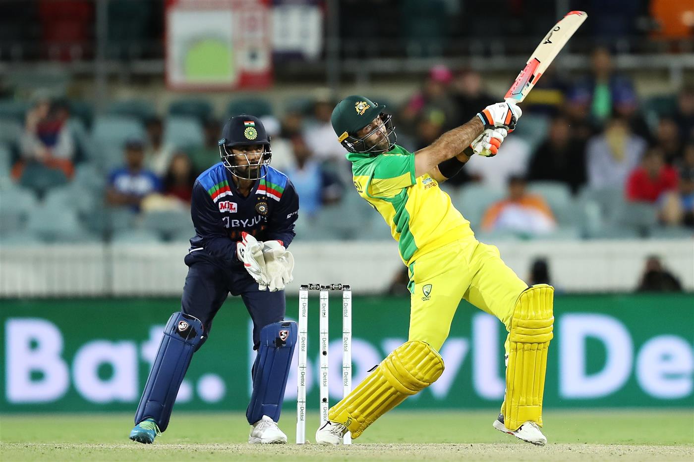 CANBERRA, AUSTRALIA - DECEMBER 02: Glenn Maxwell of Australia bats during game three of the One Day International series between Australia and India at Manuka Oval on December 02, 2020 in Canberra, Australia. (Photo by Mark Kolbe/Getty Images)