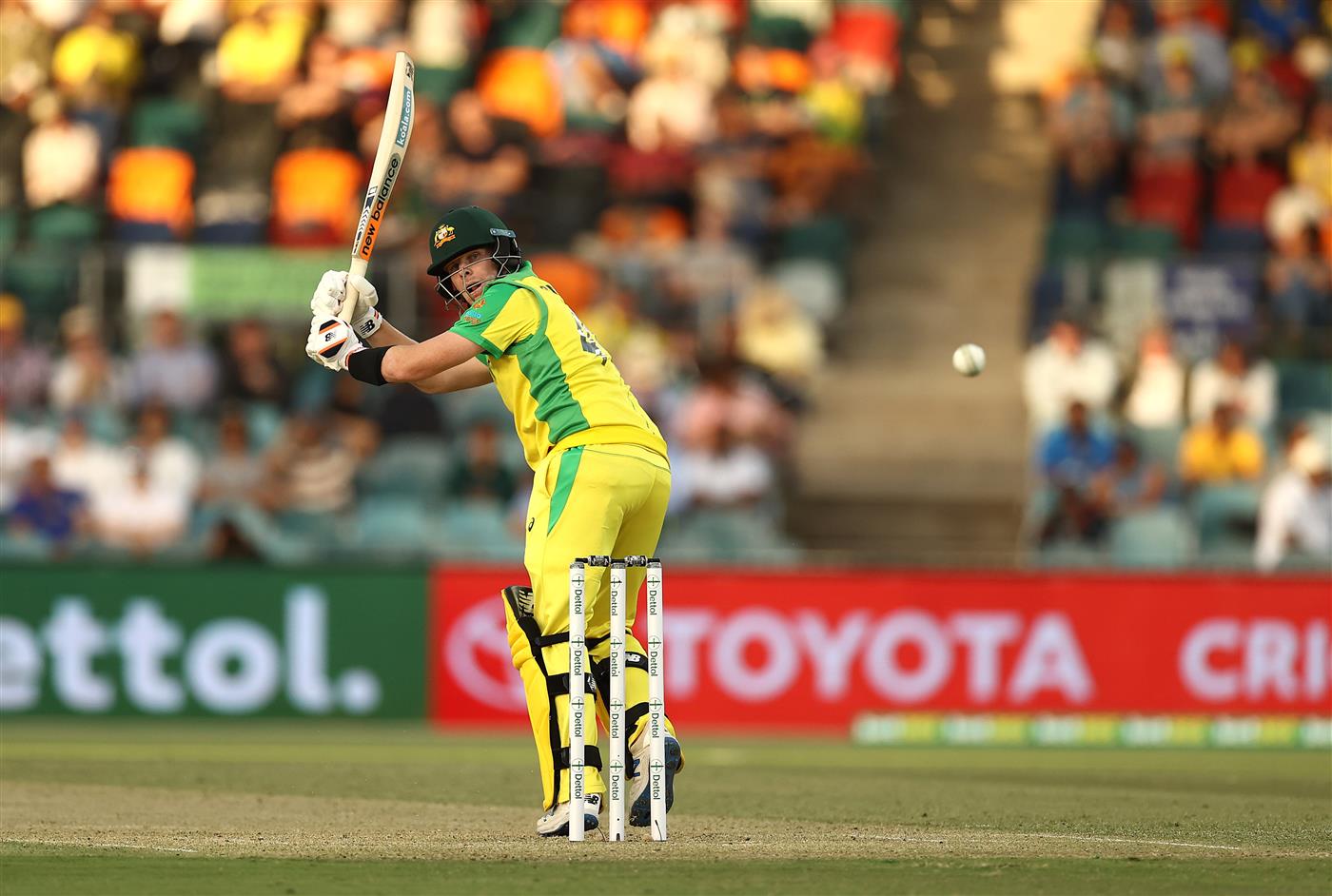 CANBERRA, AUSTRALIA - DECEMBER 02: Steve Smith of Australia is caught down the leg side from a delivery by Sharldul Thakur of India during game three of the One Day International series between Australia and India at Manuka Oval on December 02, 2020 in Canberra, Australia. (Photo by Ryan Pierse/Getty Images)