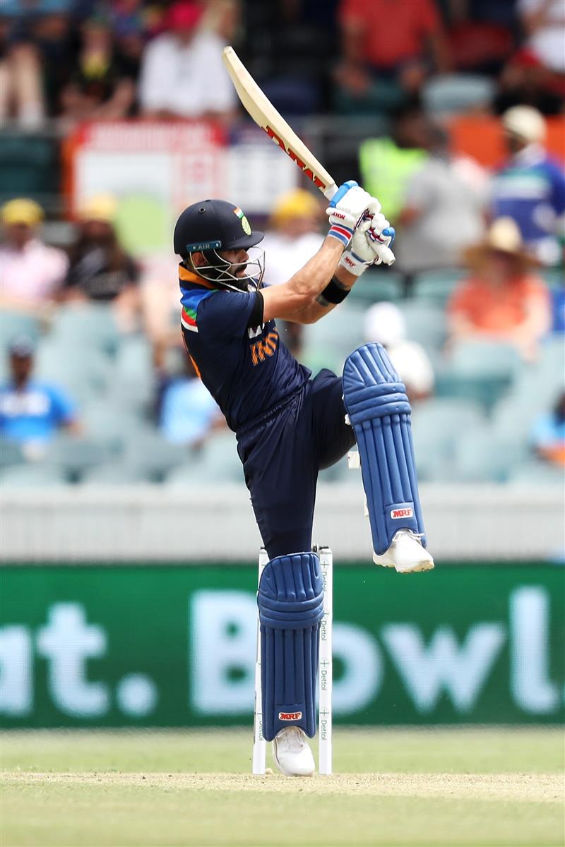 CANBERRA, AUSTRALIA - DECEMBER 02: Virat Kohli of India bats during game three of the One Day International series between Australia and India at Manuka Oval on December 02, 2020 in Canberra, Australia. (Photo by Mark Kolbe/Getty Images)