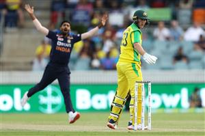 CANBERRA, AUSTRALIA - DECEMBER 02: Jasprit Bumrah of India  shows his frustration as Marnus Labuschagne of Australia bats during game three of the One Day International series between Australia and India at Manuka Oval on December 02, 2020 in Canberra, Australia. (Photo by Mark Kolbe/Getty Images)