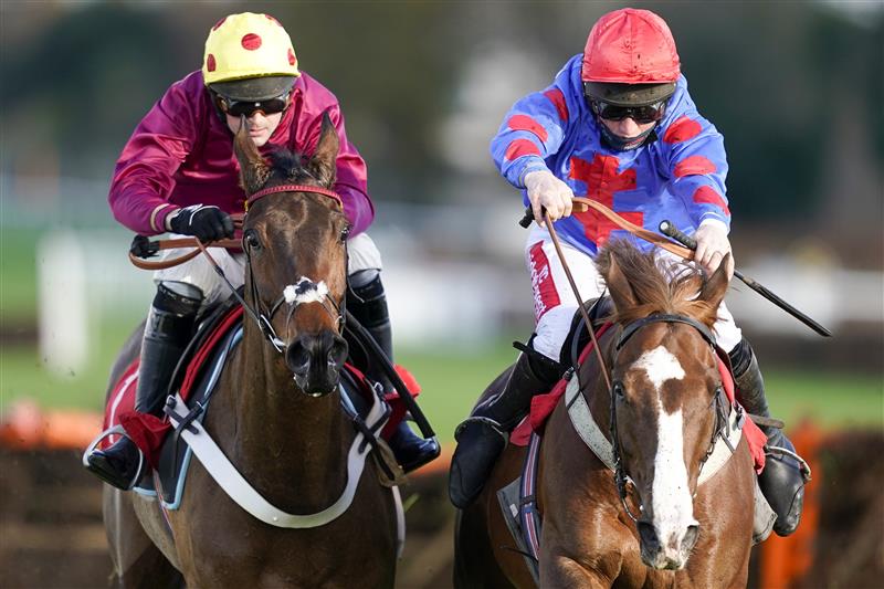 ESHER, ENGLAND - DECEMBER 05: Jamie Moore riding Golden Boy Grey (C, red cap) clear the last to win The  at Sandown Park on December 05, 2020 in Esher, England. Owners and a limited number of the public are allowed to attend the meeting due to the Coronavirus pandemic. (Photo by Alan Crowhurst/Getty Images)My Oddsboost On Betfair 'National Hunt' Novices' Hurdle