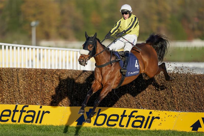 ESHER, ENGLAND - DECEMBER 05: Harry Skelton riding Allmankind clear the last to win The Planteur At Chapel Stud Henry VIII Novices' Chase at Sandown Park on December 05, 2020 in Esher, England. Owners and a limited number of the public are allowed to attend the meeting due to the Coronavirus pandemic. (Photo by Alan Crowhurst/Getty Images)