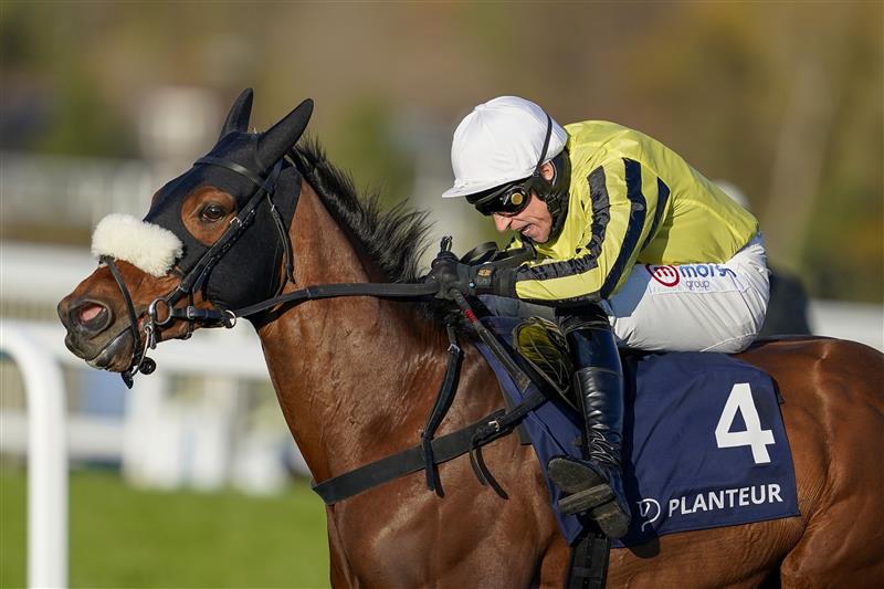 ESHER, ENGLAND - DECEMBER 05: Harry Skelton riding Allmankind clear the last to win The Planteur At Chapel Stud Henry VIII Novices' Chase at Sandown Park on December 05, 2020 in Esher, England. Owners and a limited number of the public are allowed to attend the meeting due to the Coronavirus pandemic. (Photo by Alan Crowhurst/Getty Images)