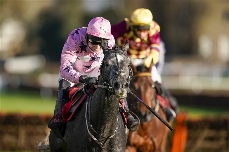 ESHER, ENGLAND - DECEMBER 05: Paddy Brennan riding Elham Valley (pink, pink cap) clear the last to win The Betfair Free Bet On The 1.50 Introductory Juvenile Hurdle at Sandown Park on December 05, 2020 in Esher, England. Owners and a limited number of the public are allowed to attend the meeting due to the Coronavirus pandemic. (Photo by Alan Crowhurst/Getty Images)