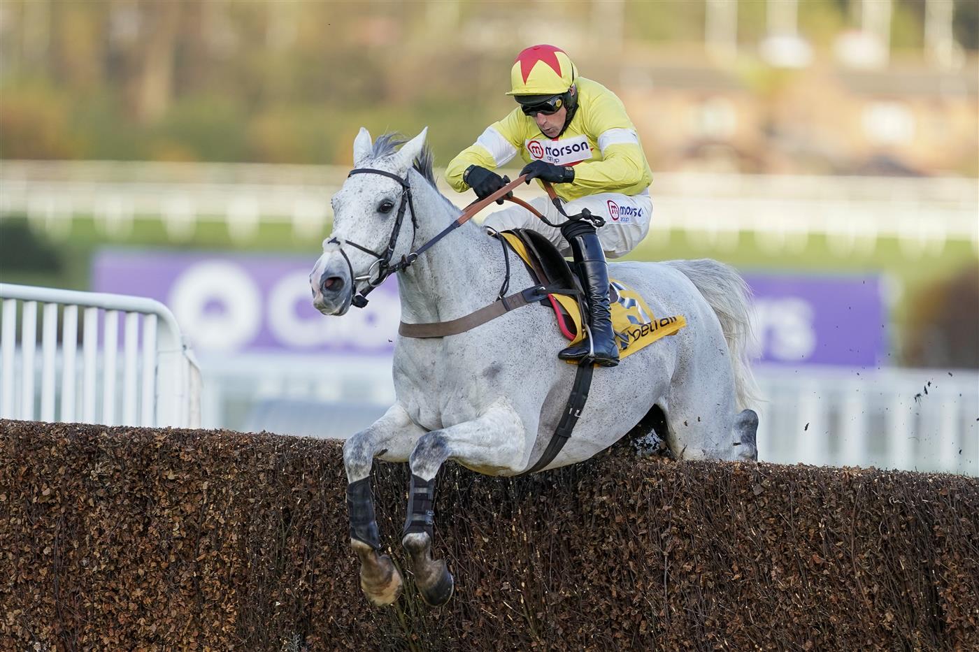 ESHER, ENGLAND - DECEMBER 05: Harry Skelton riding Politologue clear the last to win The Betfair Tingle Creek Chase at Sandown Park on December 05, 2020 in Esher, England. Owners and a limited number of the public are allowed to attend the meeting due to the Coronavirus pandemic. (Photo by Alan Crowhurst/Getty Images)