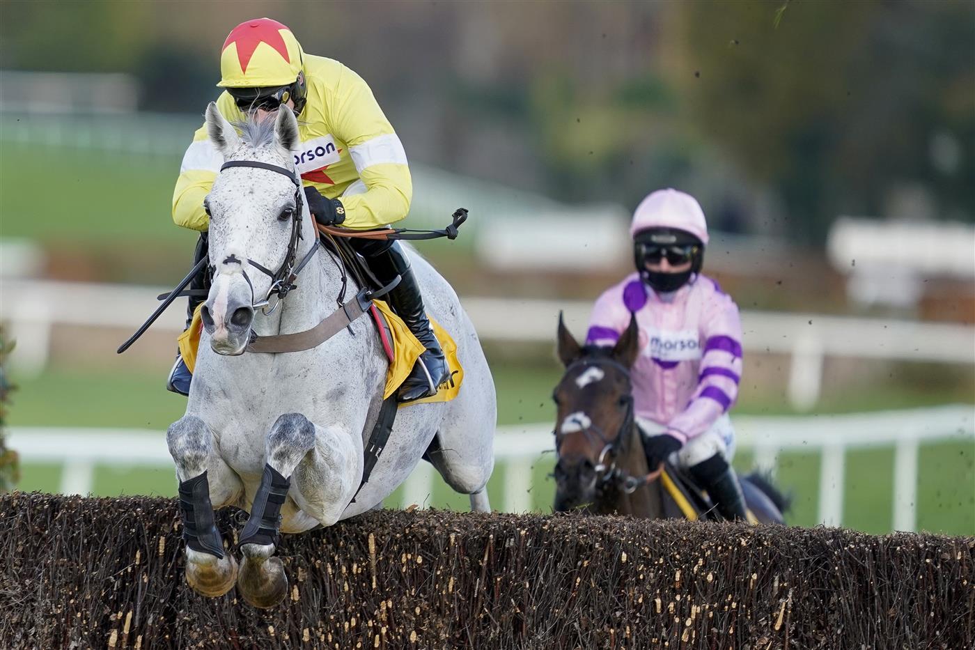 ESHER, ENGLAND - DECEMBER 05: Harry Skelton riding Politologue on their way to winning The Betfair Tingle Creek Chase at Sandown Park on December 05, 2020 in Esher, England. Owners and a limited number of the public are allowed to attend the meeting due to the Coronavirus pandemic. (Photo by Alan Crowhurst/Getty Images)