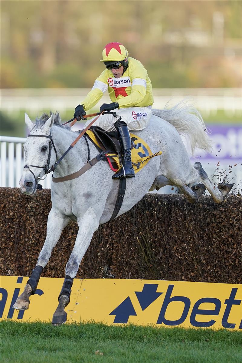 ESHER, ENGLAND - DECEMBER 05: Harry Skelton riding Politologue clear the last to win The Betfair Tingle Creek Chase at Sandown Park on December 05, 2020 in Esher, England. Owners and a limited number of the public are allowed to attend the meeting due to the Coronavirus pandemic. (Photo by Alan Crowhurst/Getty Images)