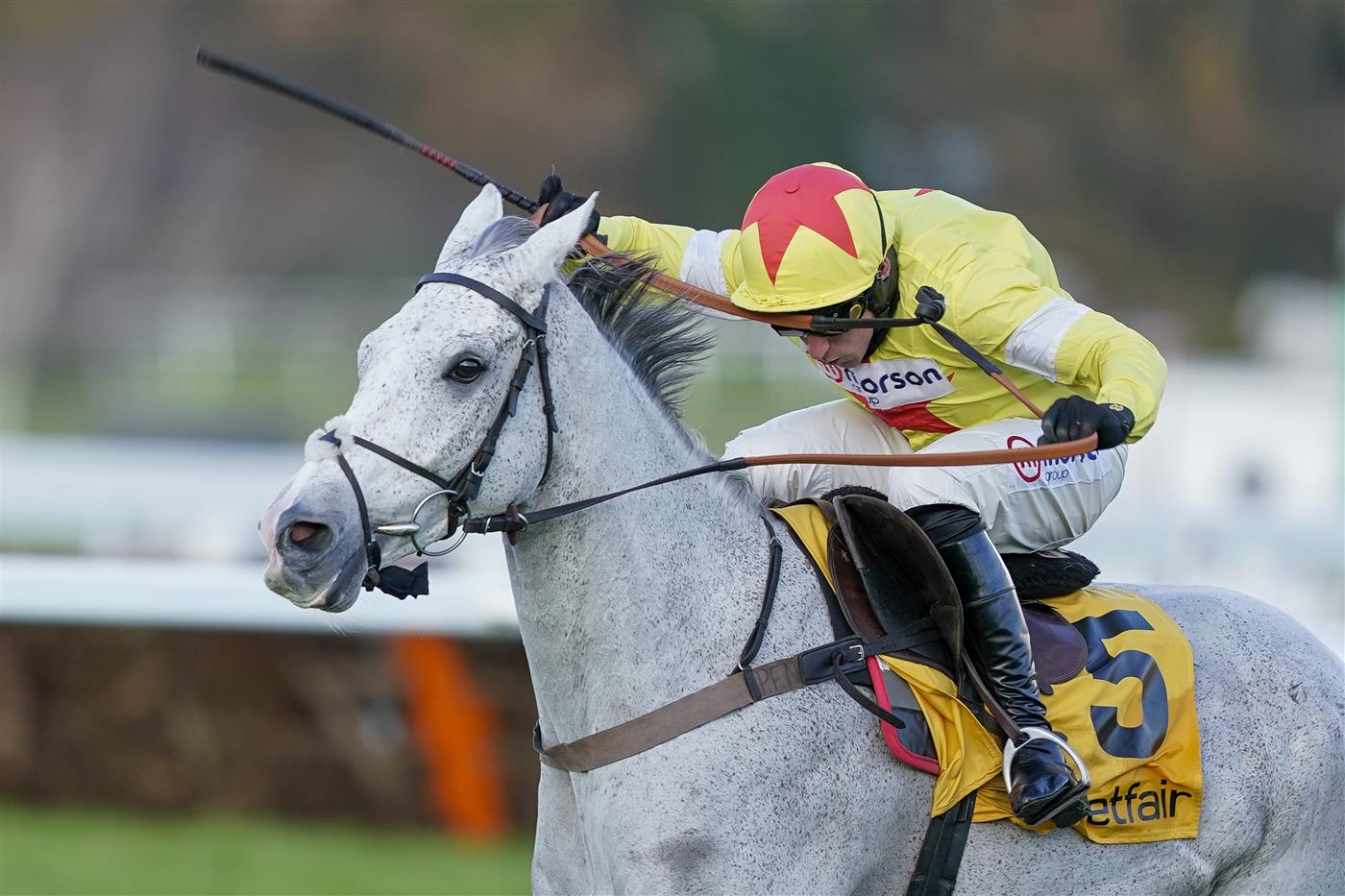 ESHER, ENGLAND - DECEMBER 05: Harry Skelton riding Politologue clear the last to win The Betfair Tingle Creek Chase at Sandown Park on December 05, 2020 in Esher, England. Owners and a limited number of the public are allowed to attend the meeting due to the Coronavirus pandemic. (Photo by Alan Crowhurst/Getty Images)