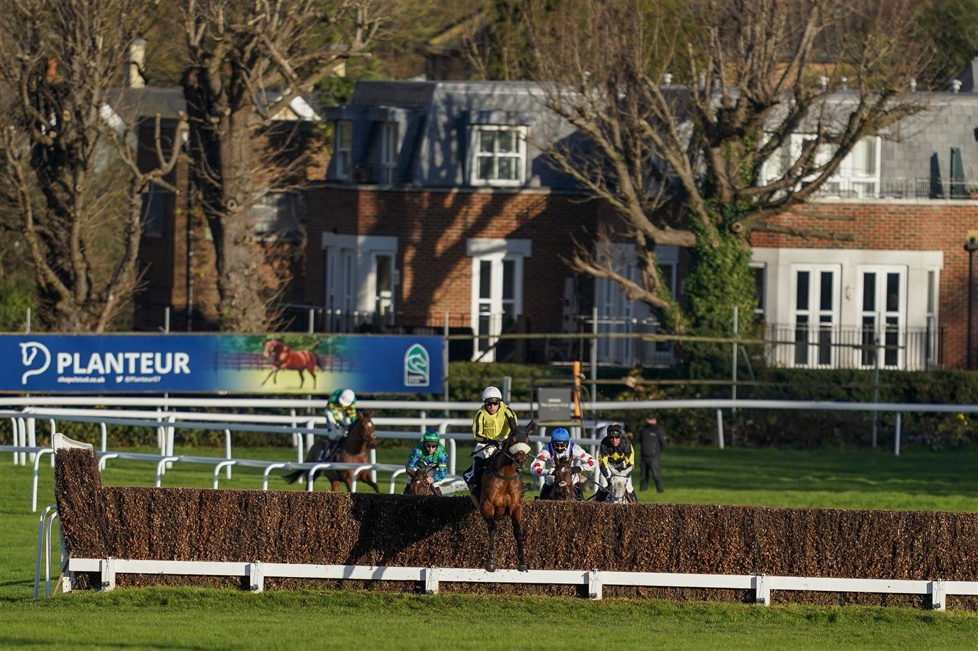 ESHER, ENGLAND - DECEMBER 05: Harry Skelton riding Allmankind clear the second last to win The Planteur At Chapel Stud Henry VIII Novices' Chase at Sandown Park on December 05, 2020 in Esher, England. Owners and a limited number of the public are allowed to attend the meeting due to the Coronavirus pandemic. (Photo by Alan Crowhurst/Getty Images)