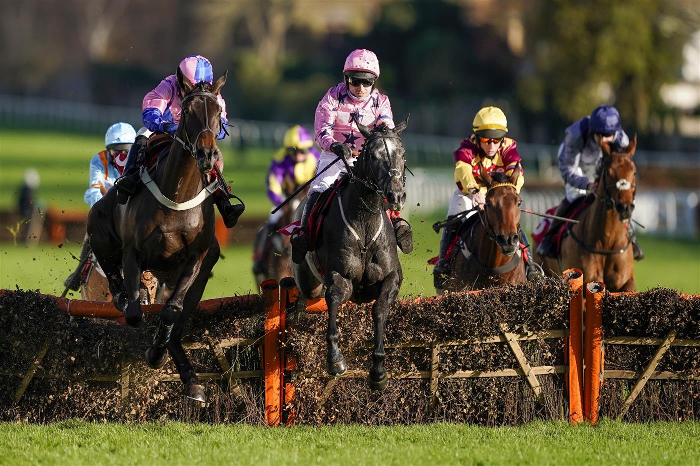 ESHER, ENGLAND - DECEMBER 05: Paddy Brennan riding Elham Valley (pink, pink cap) clear the last to win The Betfair Free Bet On The 1.50 Introductory Juvenile Hurdle at Sandown Park on December 05, 2020 in Esher, England. Owners and a limited number of the public are allowed to attend the meeting due to the Coronavirus pandemic. (Photo by Alan Crowhurst/Getty Images)