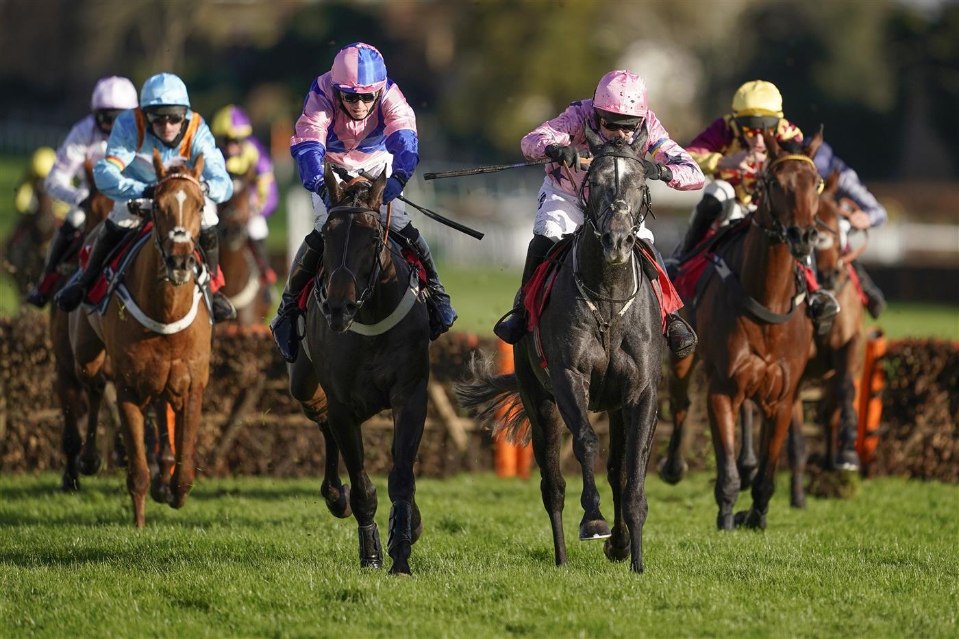 ESHER, ENGLAND - DECEMBER 05: Paddy Brennan riding Elham Valley (pink, pink cap) clear the last to win The Betfair Free Bet On The 1.50 Introductory Juvenile Hurdle at Sandown Park on December 05, 2020 in Esher, England. Owners and a limited number of the public are allowed to attend the meeting due to the Coronavirus pandemic. (Photo by Alan Crowhurst/Getty Images)