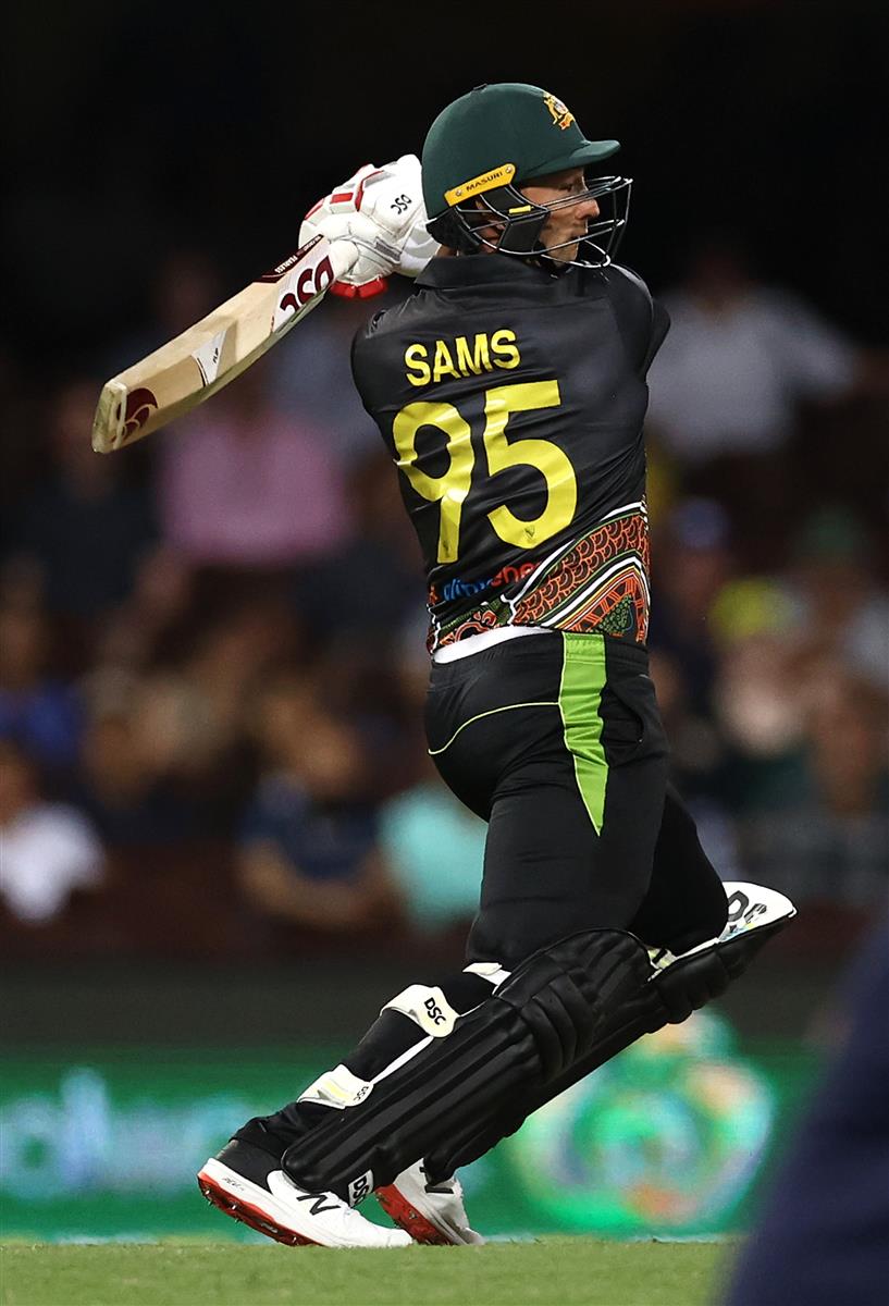 SYDNEY, AUSTRALIA - DECEMBER 06: Daniel Sams of Australia bats during game two of the Twenty20 International series between Australia and India at Sydney Cricket Ground on December 06, 2020 in Sydney, Australia. (Photo by Ryan Pierse/Getty Images)