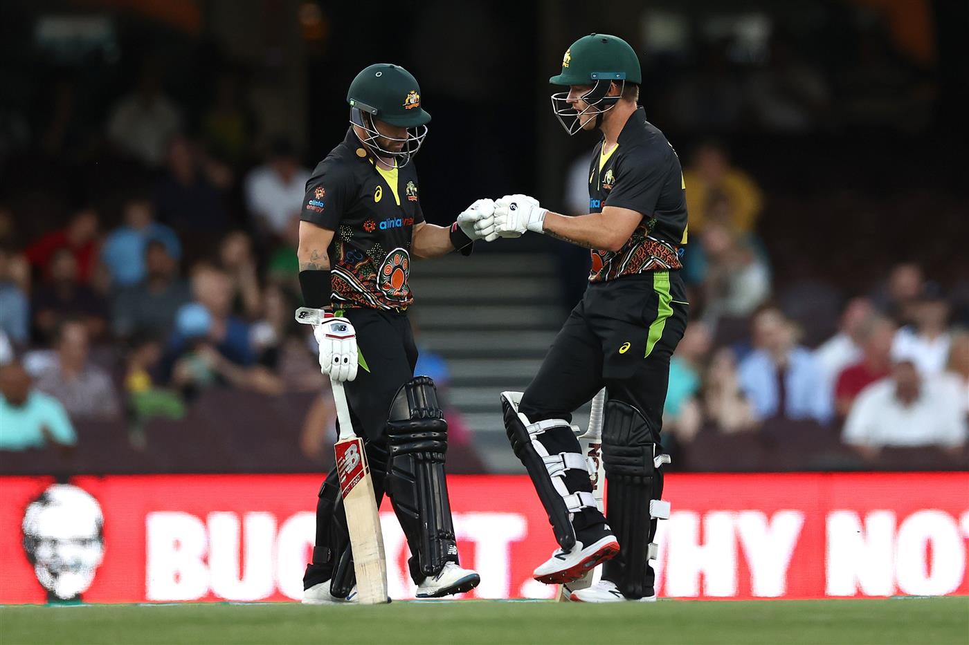 SYDNEY, AUSTRALIA - DECEMBER 06: Matthew Wade and D'Arcy Short of Australia shake hands during game two of the Twenty20 International series between Australia and India at Sydney Cricket Ground on December 06, 2020 in Sydney, Australia. (Photo by Ryan Pierse/Getty Images)