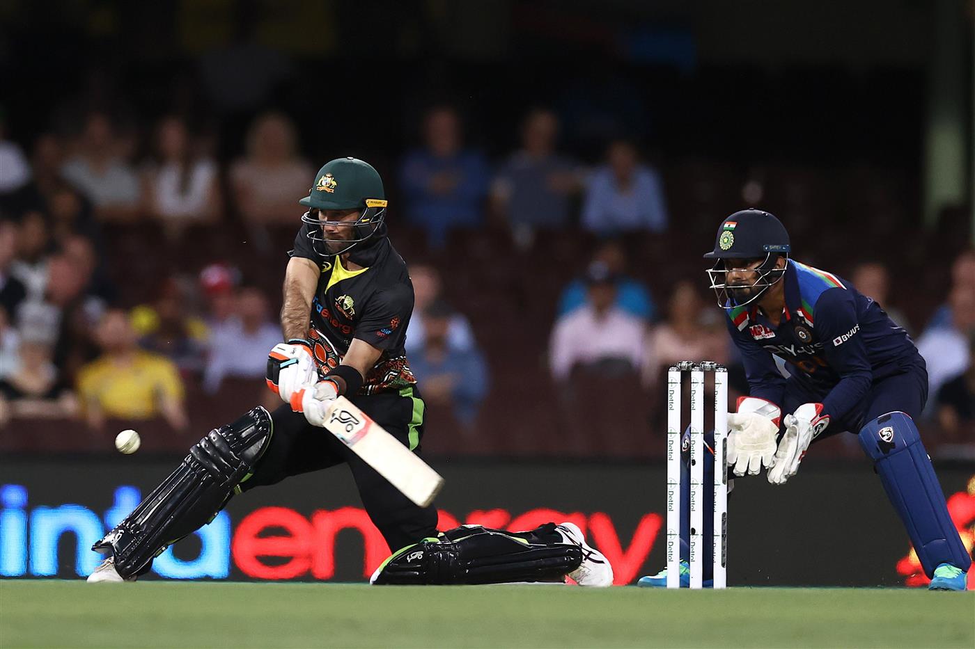 SYDNEY, AUSTRALIA - DECEMBER 06: Glenn Maxwell of Australia bats during game two of the Twenty20 International series between Australia and India at Sydney Cricket Ground on December 06, 2020 in Sydney, Australia. (Photo by Ryan Pierse/Getty Images)