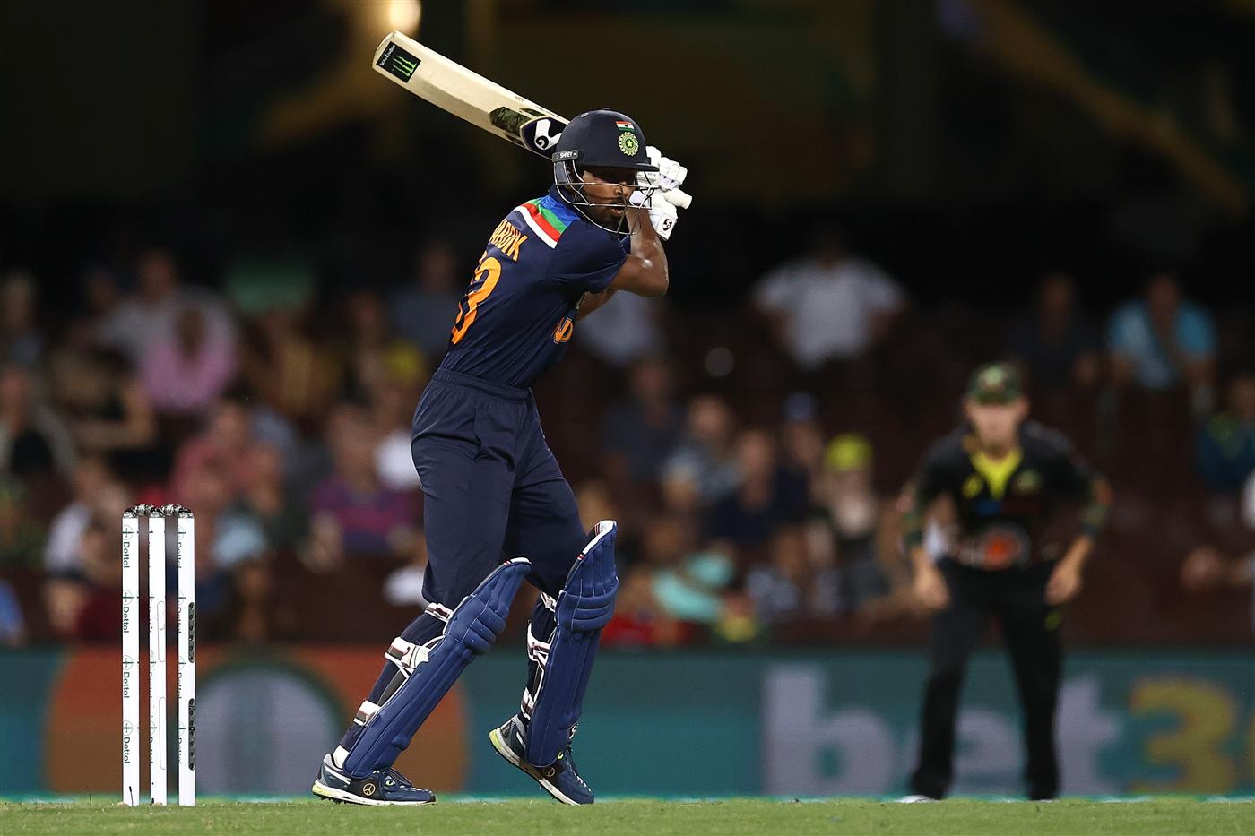 SYDNEY, AUSTRALIA - DECEMBER 06: Hardik Pandya of India bats during game two of the Twenty20 International series between Australia and India at Sydney Cricket Ground on December 06, 2020 in Sydney, Australia. (Photo by Ryan Pierse/Getty Images)