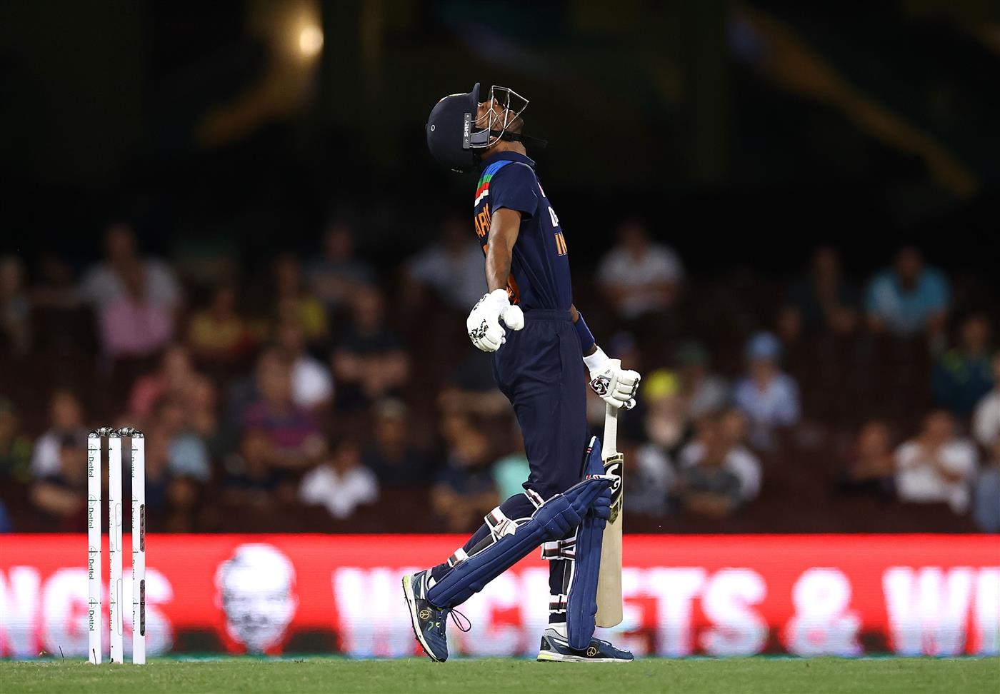 SYDNEY, AUSTRALIA - DECEMBER 06: Hardik Pandya of India reacts after missing a shot during game two of the Twenty20 International series between Australia and India at Sydney Cricket Ground on December 06, 2020 in Sydney, Australia. (Photo by Ryan Pierse/Getty Images)