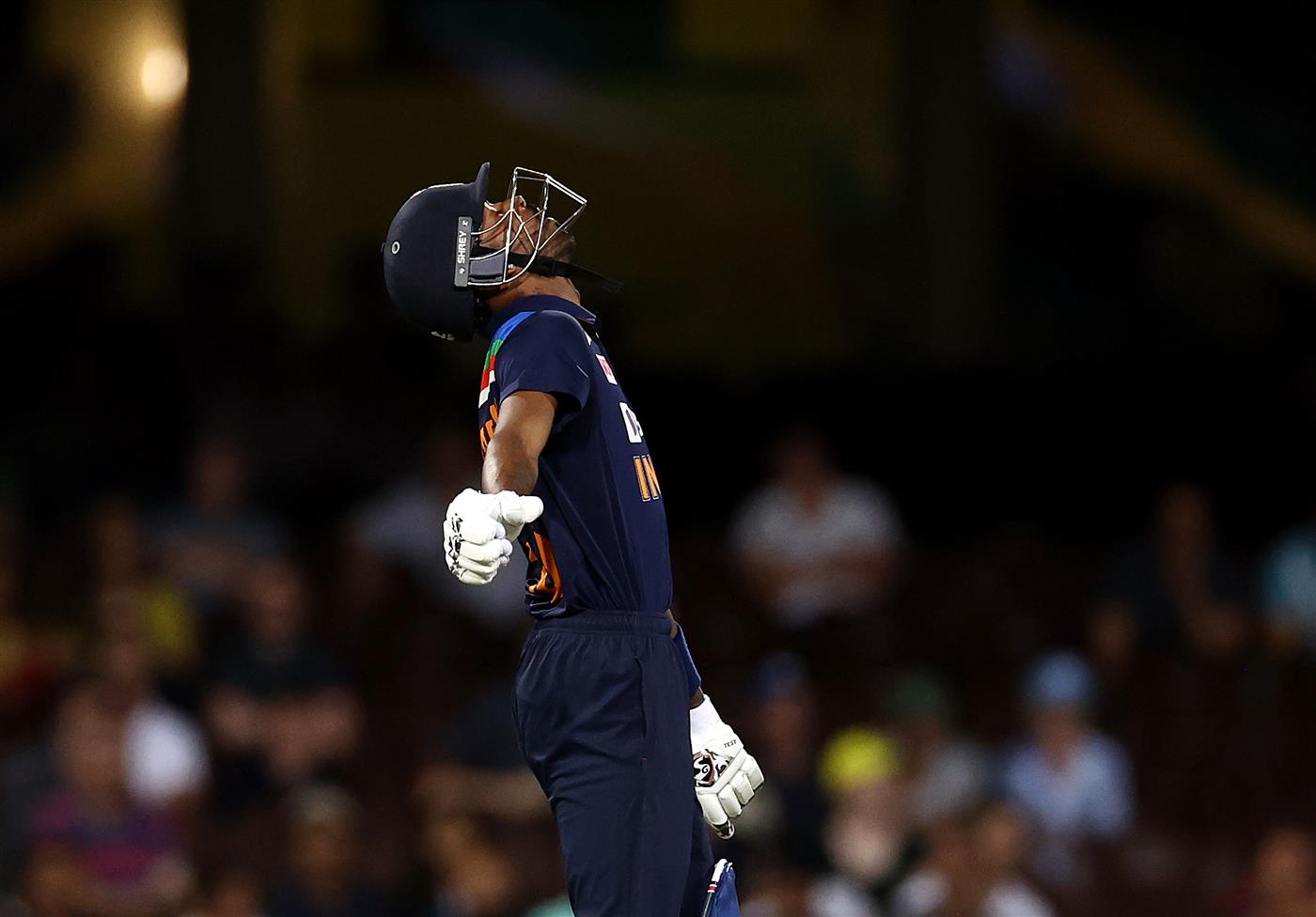 SYDNEY, AUSTRALIA - DECEMBER 06: Hardik Pandya of India reacts during game two of the Twenty20 International series between Australia and India at Sydney Cricket Ground on December 06, 2020 in Sydney, Australia. (Photo by Ryan Pierse/Getty Images)
