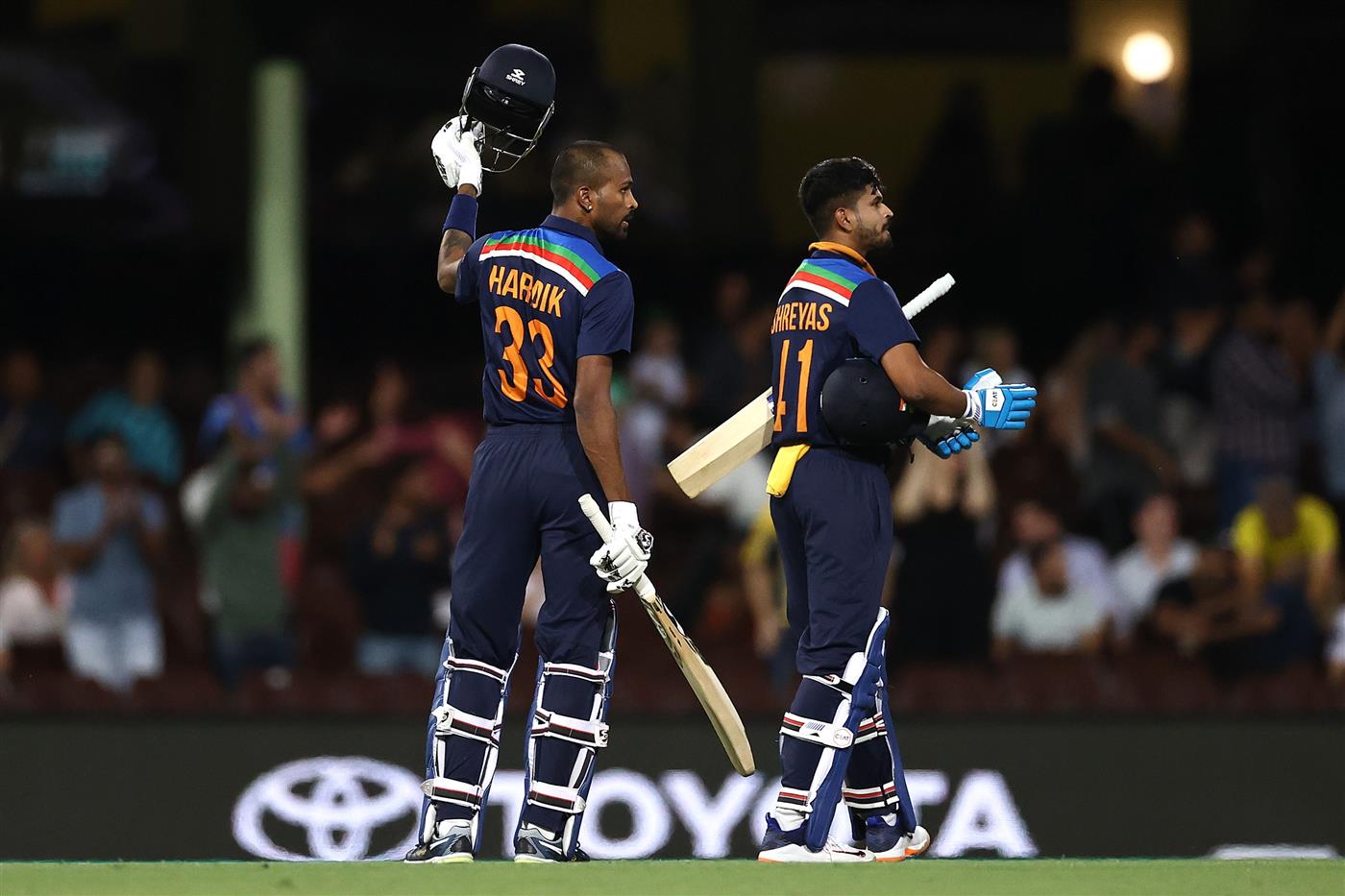 SYDNEY, AUSTRALIA - DECEMBER 06: Hardik Pandya and 
Shreyas Iyer of India celebrate winning game two of the Twenty20 International series between Australia and India at Sydney Cricket Ground on December 06, 2020 in Sydney, Australia. (Photo by Ryan Pierse/Getty Images)