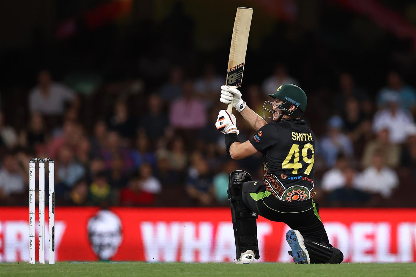 SYDNEY, AUSTRALIA - DECEMBER 06: Steve Smith of Australia bats during game two of the Twenty20 International series between Australia and India at Sydney Cricket Ground on December 06, 2020 in Sydney, Australia. (Photo by Ryan Pierse/Getty Images)