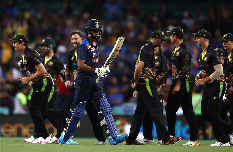 SYDNEY, AUSTRALIA - DECEMBER 08: KL Rahul of India looks dejected after being dismissed by Glenn Maxwell of Australia during game three of the Twenty20 International series between Australia and India at Sydney Cricket Ground on December 08, 2020 in Sydney, Australia. (Photo by Ryan Pierse/Getty Images)