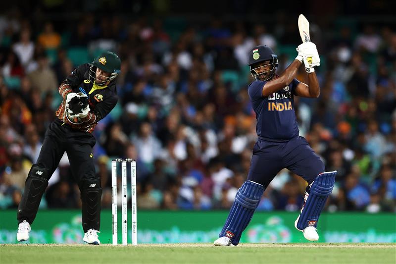 SYDNEY, AUSTRALIA - DECEMBER 08: Sanju Samson of India bats during game three of the Twenty20 International series between Australia and India at Sydney Cricket Ground on December 08, 2020 in Sydney, Australia. (Photo by Cameron Spencer/Getty Images)