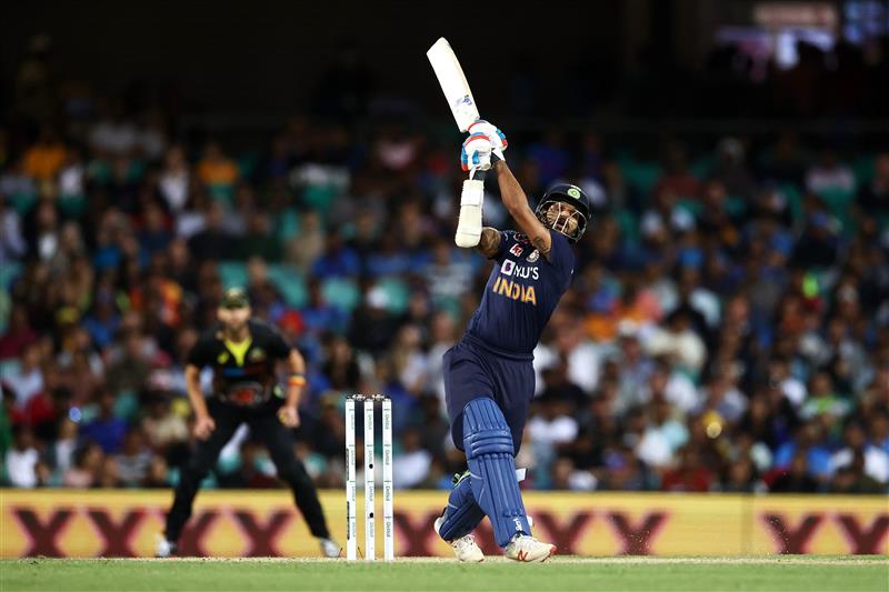 SYDNEY, AUSTRALIA - DECEMBER 08: Shikhar Dhawan of India bats during game three of the Twenty20 International series between Australia and India at Sydney Cricket Ground on December 08, 2020 in Sydney, Australia. (Photo by Cameron Spencer/Getty Images)