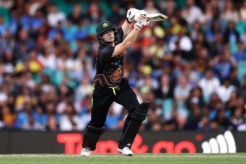 SYDNEY, AUSTRALIA - DECEMBER 08: Steve Smith of Australia bats during game three of the Twenty20 International series between Australia and India at Sydney Cricket Ground on December 08, 2020 in Sydney, Australia. (Photo by Cameron Spencer/Getty Images)