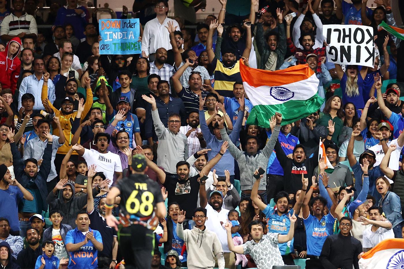 SYDNEY, AUSTRALIA - DECEMBER 08: Fans enjoy the atmosphere during game three of the Twenty20 International series between Australia and India at Sydney Cricket Ground on December 08, 2020 in Sydney, Australia. (Photo by Cameron Spencer/Getty Images)